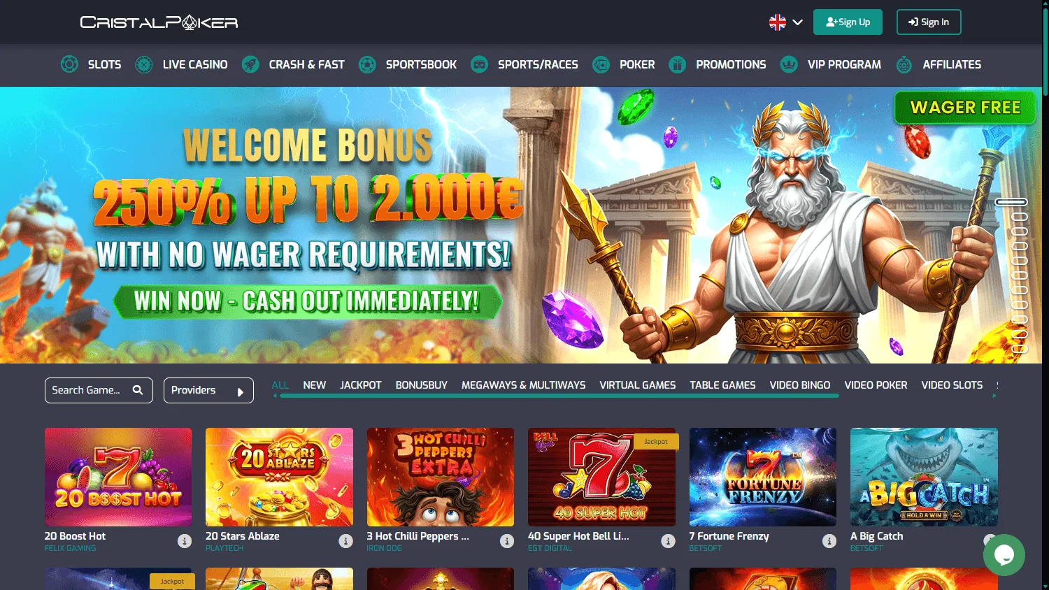 Cristal Poker Casino desktop home screen