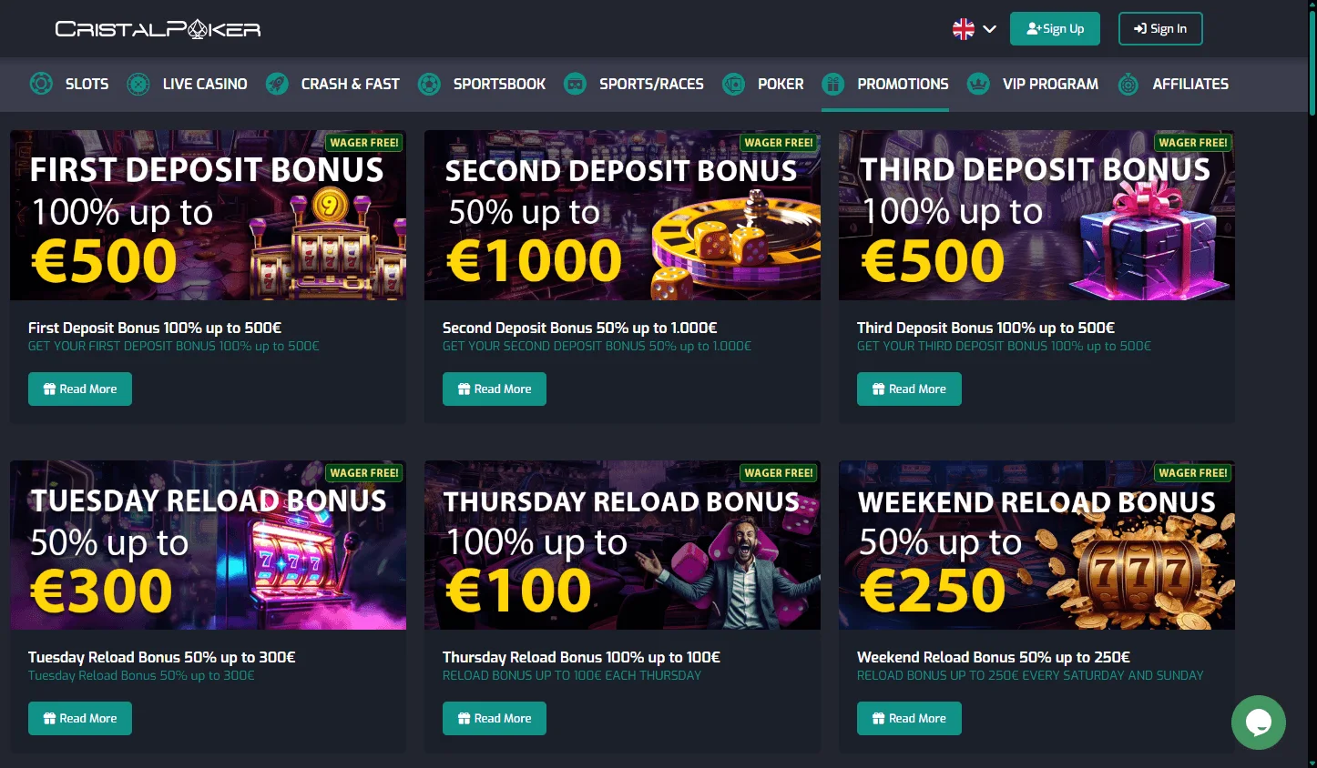 Cristal Poker Casino desktop promotions area